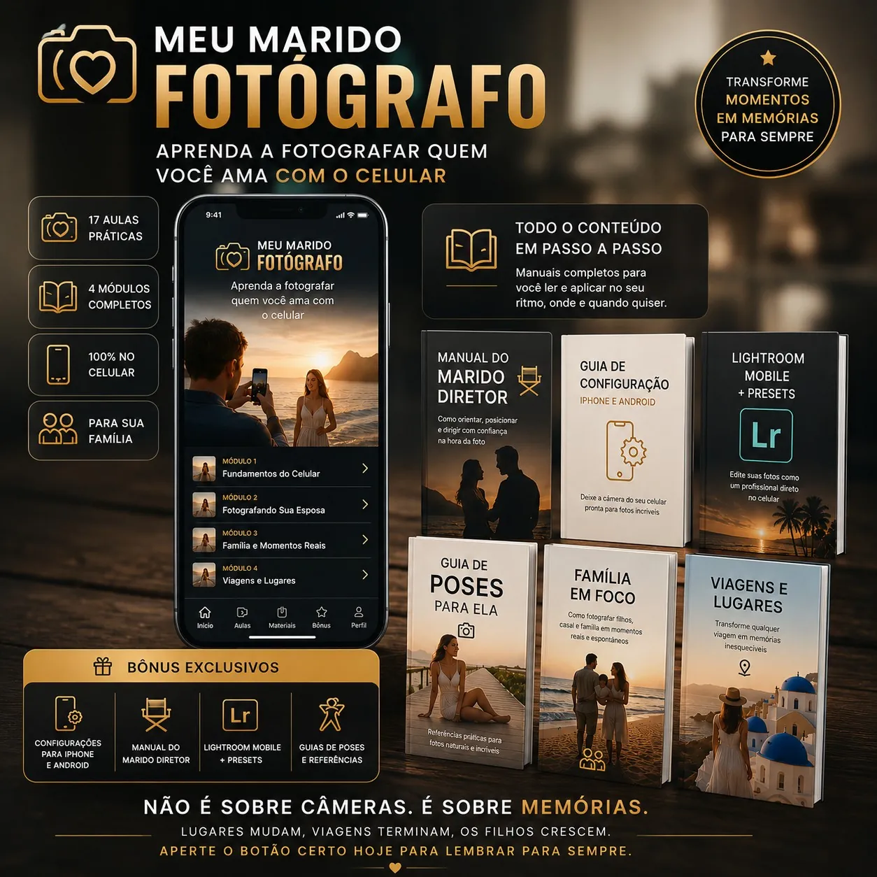 Visão geral do Marido Fotógrafo: app, módulos e materiais em PDF inclusos