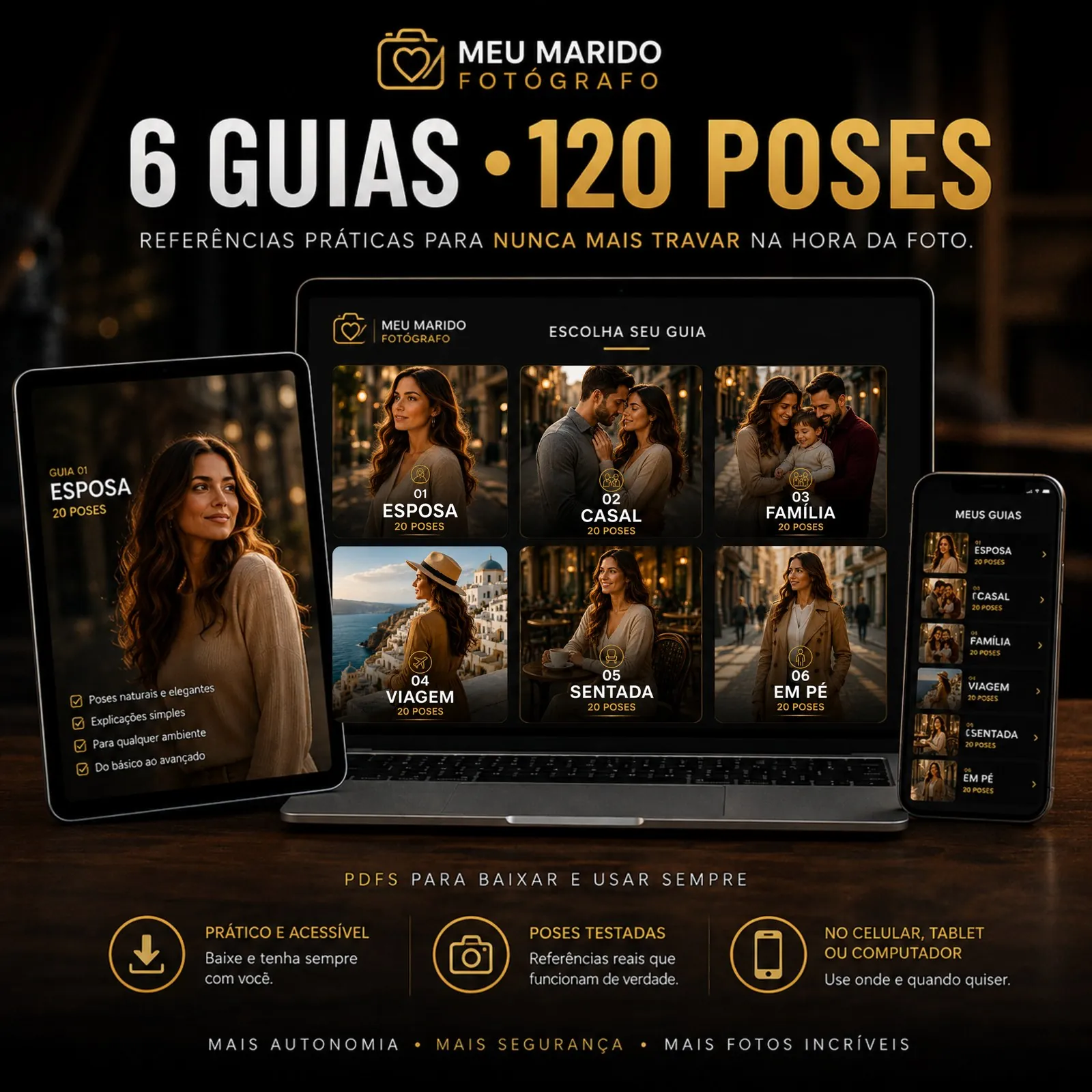 6 guias de poses do Marido Fotógrafo: esposa, casal, família, viagem, sentada e em pé, 120 poses no total